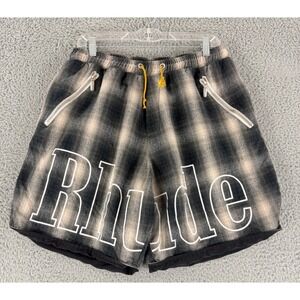 Rhude Plaid Shorts Mens XL Black Gray Ombre Drawstring Zip Pockets Streetwear